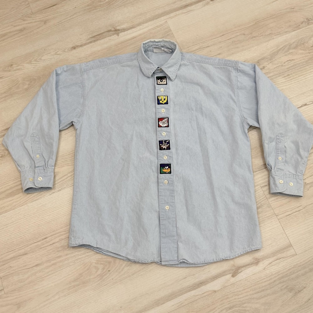 Vintage Looney Tunes ACME Shirt Size Small Blue Chambray Embroidered 90s